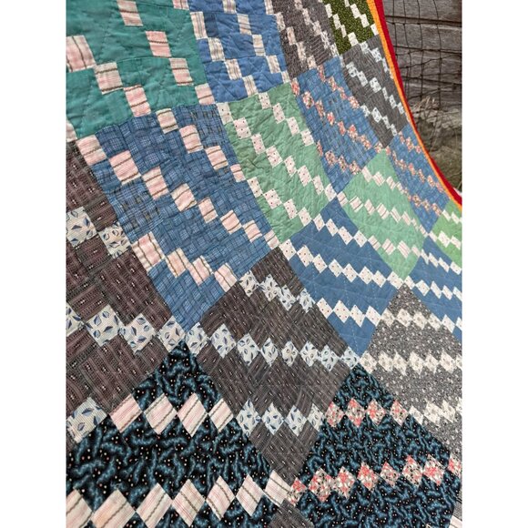 Vintage 1930s Fabric Postage Stamp Quilt 77.5x78" Rustic - Picture 11 of 16